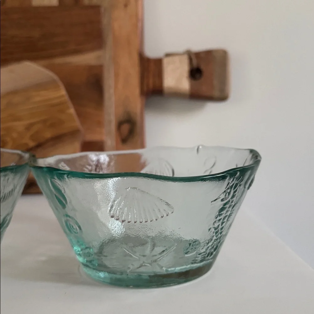 Spanish Recycled Green Glass Bowls with Coastal Theme Embossed Sea Creatures (3)